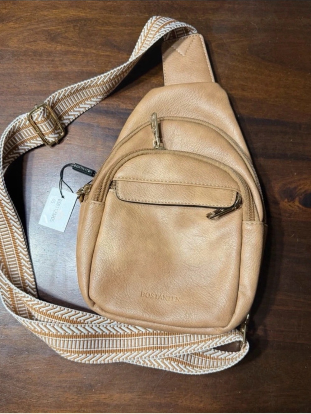 Bosantien Tan Leather Crossbody Sling Bag with Patterned Strap